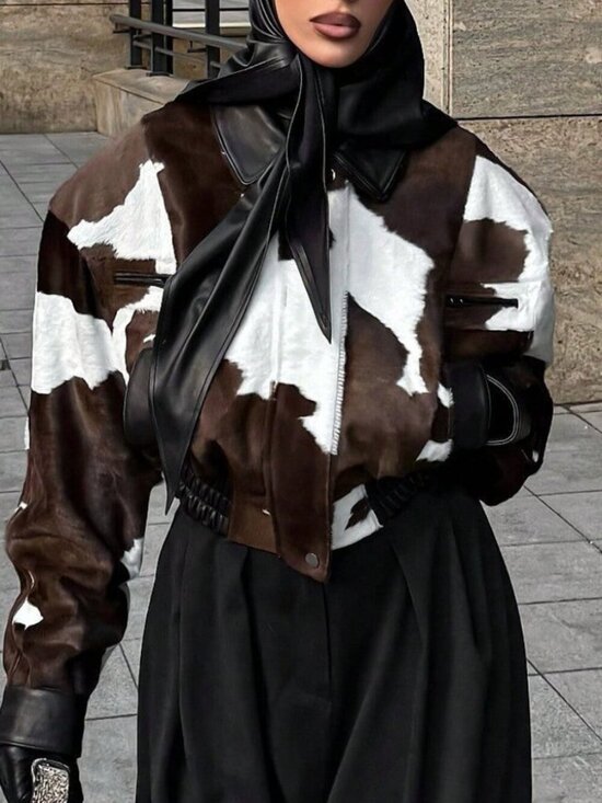 MODA ME COUTURE Jackets & Blazers - Brown Casual Women's Faux Leather Crop Jacket with Trim & Zipper Pockets